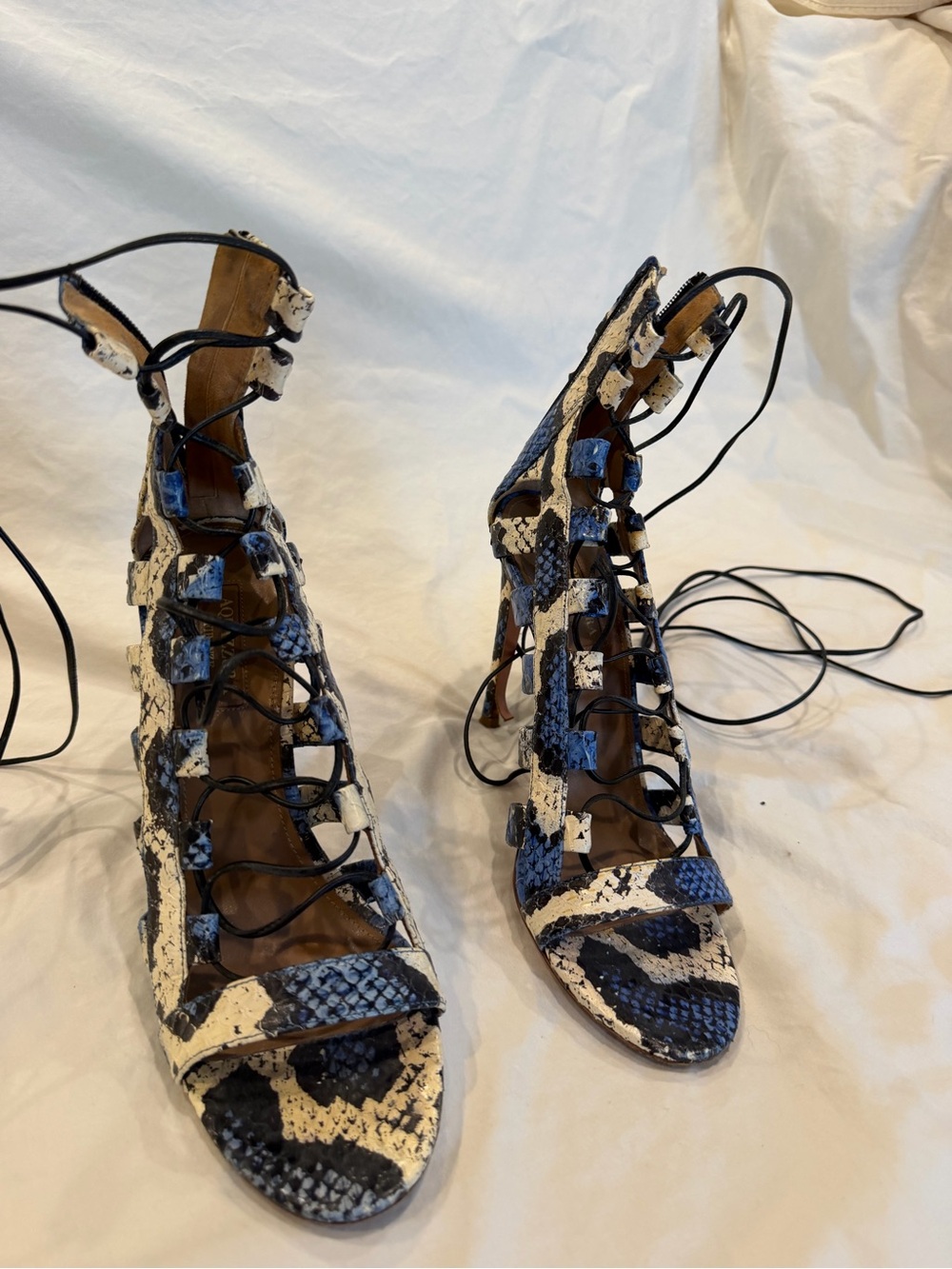 Aquazzura Blue and White Snakeskin Lace-Up Heels with Ankle Ties